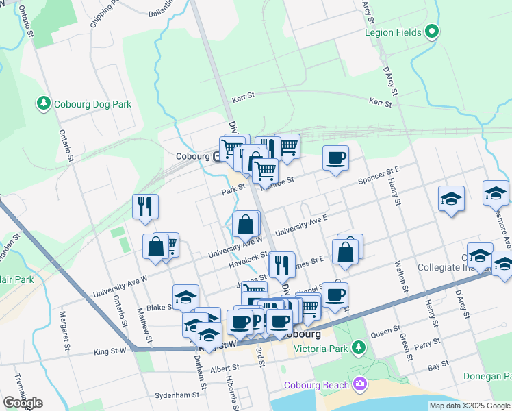 map of restaurants, bars, coffee shops, grocery stores, and more near 463 Division Street in Cobourg