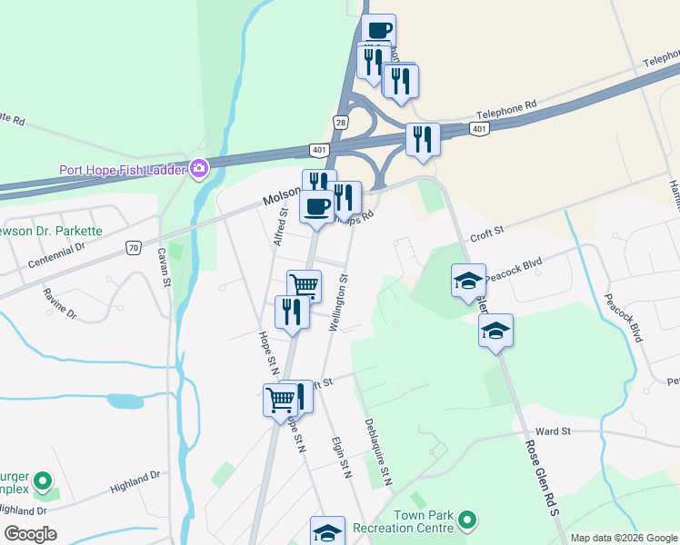 map of restaurants, bars, coffee shops, grocery stores, and more near 50 Wellington Street in Port Hope