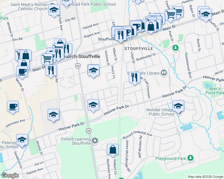 map of restaurants, bars, coffee shops, grocery stores, and more near 34 Kartok Avenue in Whitchurch-Stouffville