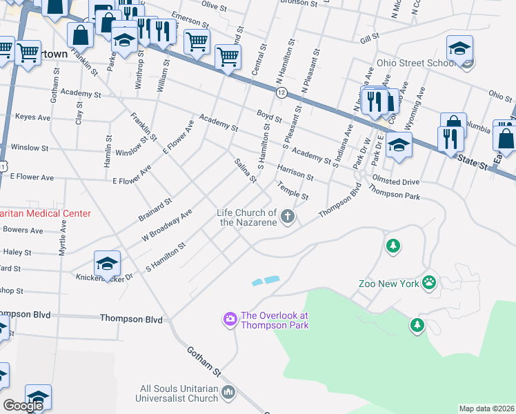 map of restaurants, bars, coffee shops, grocery stores, and more near 443 East Avenue in Watertown