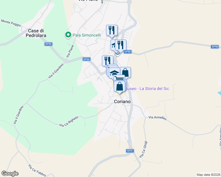 map of restaurants, bars, coffee shops, grocery stores, and more near 17 Via Libero Pedrelli in Coriano