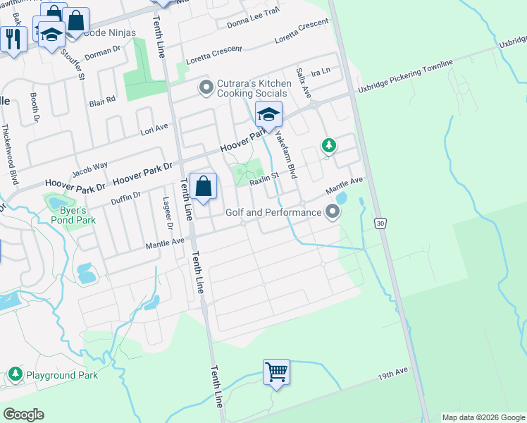 map of restaurants, bars, coffee shops, grocery stores, and more near 327 Mantle Avenue in Whitchurch-Stouffville