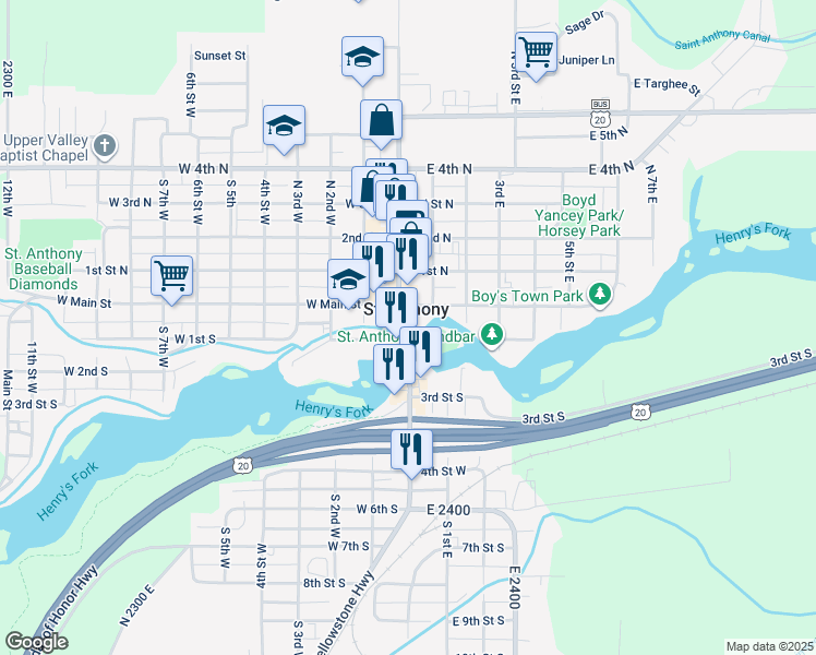 map of restaurants, bars, coffee shops, grocery stores, and more near 40 South Bridge Street in Saint Anthony