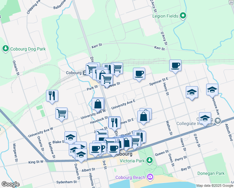map of restaurants, bars, coffee shops, grocery stores, and more near in Cobourg
