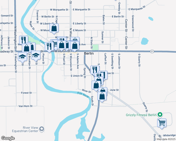 map of restaurants, bars, coffee shops, grocery stores, and more near 152 Spring Street in Berlin