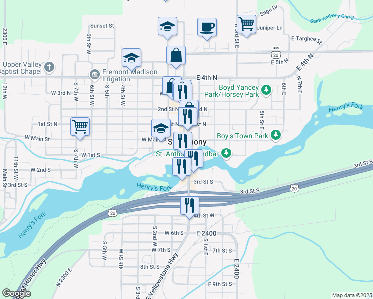 map of restaurants, bars, coffee shops, grocery stores, and more near 40 South Bridge Street in Saint Anthony