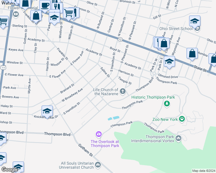 map of restaurants, bars, coffee shops, grocery stores, and more near 423 South Pleasant Street in Watertown