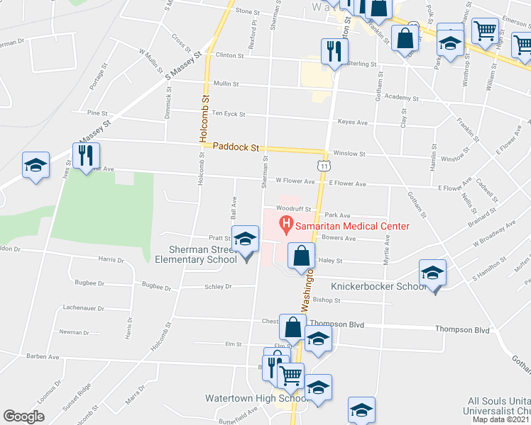 map of restaurants, bars, coffee shops, grocery stores, and more near 165 Woodruff Street in Watertown