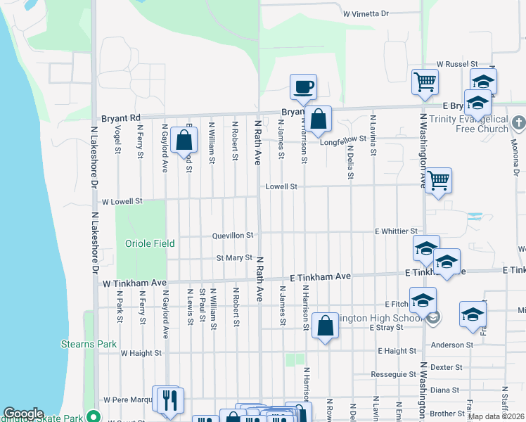 map of restaurants, bars, coffee shops, grocery stores, and more near 820 North Rath Avenue in Ludington