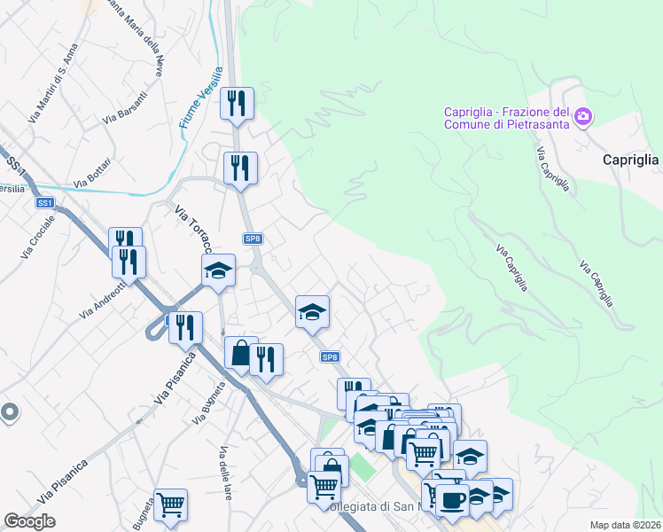 map of restaurants, bars, coffee shops, grocery stores, and more near 42 Via dei Salesiani in Pietrasanta