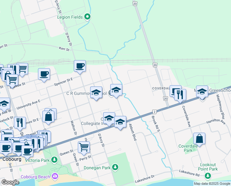 map of restaurants, bars, coffee shops, grocery stores, and more near Cottesmore Avenue in Cobourg