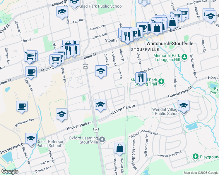 map of restaurants, bars, coffee shops, grocery stores, and more near 174 Miltrose Crescent in Whitchurch-Stouffville