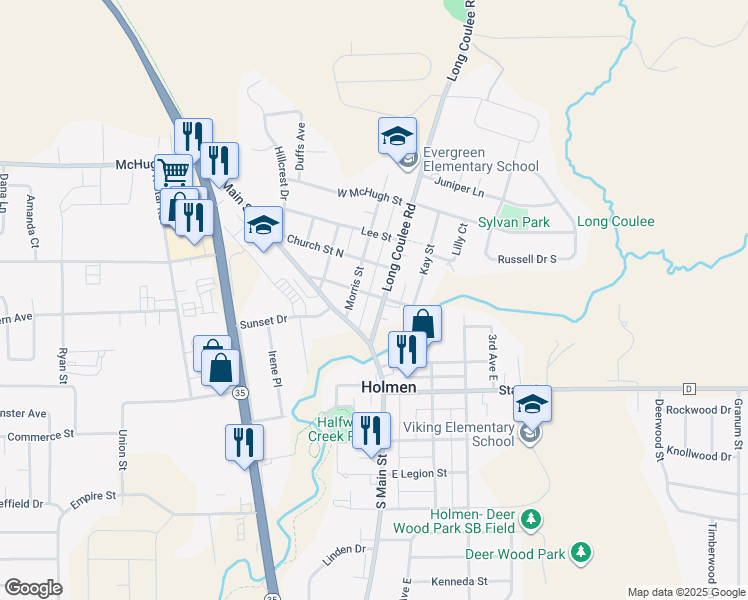 map of restaurants, bars, coffee shops, grocery stores, and more near 214 Long Coulee Road in Holmen