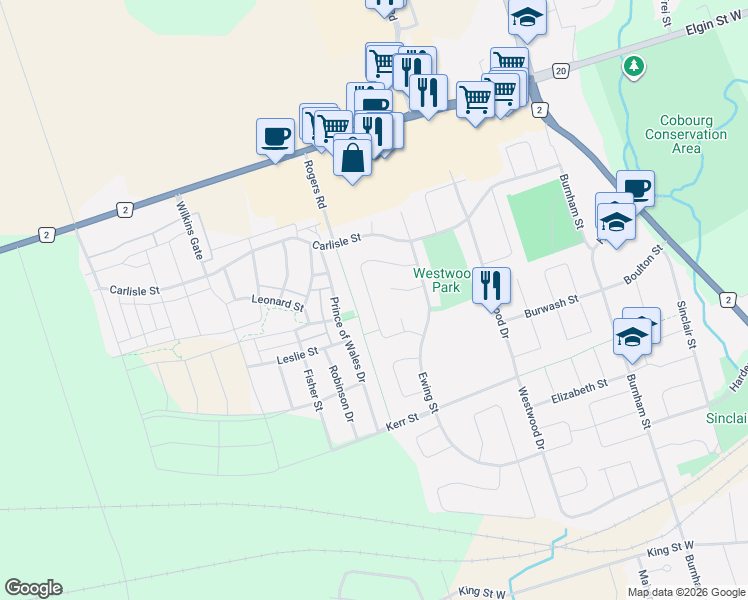 map of restaurants, bars, coffee shops, grocery stores, and more near 714 Gummow Court in Cobourg