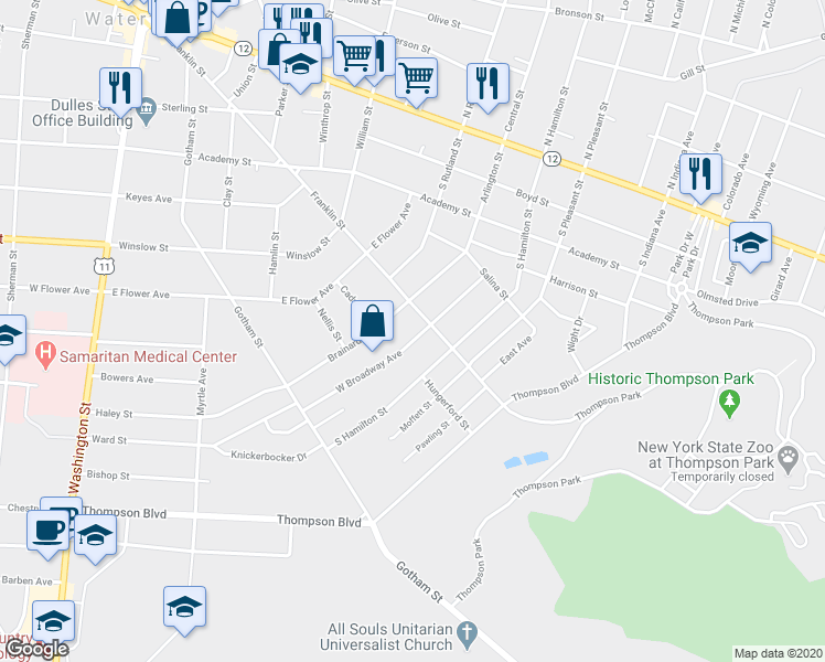map of restaurants, bars, coffee shops, grocery stores, and more near 417 Broadway Avenue West in Watertown