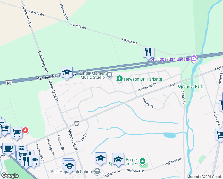 map of restaurants, bars, coffee shops, grocery stores, and more near 10 Hewson Drive in Port Hope