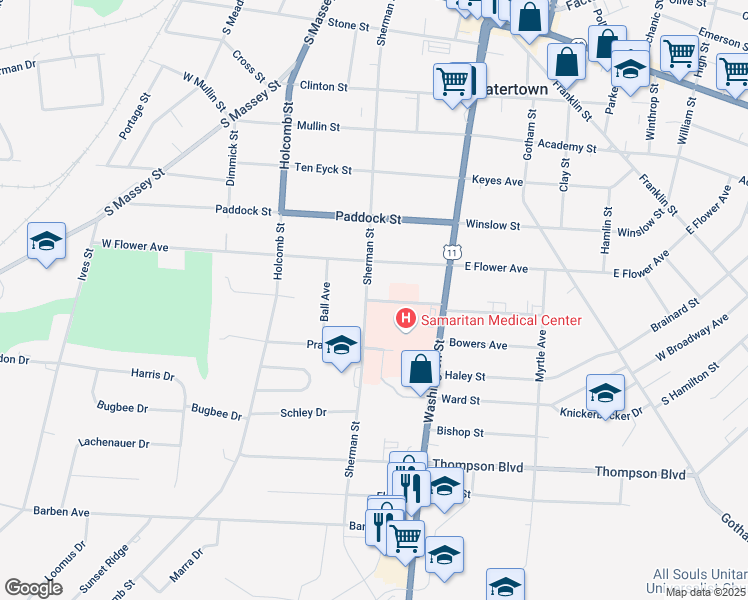map of restaurants, bars, coffee shops, grocery stores, and more near 160 Woodruff Street in Watertown
