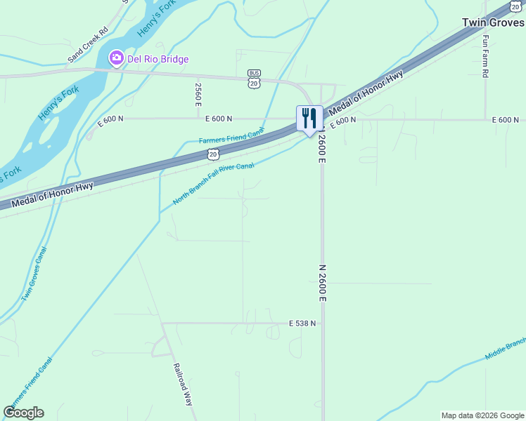 map of restaurants, bars, coffee shops, grocery stores, and more near North 2575 East in St. Anthony