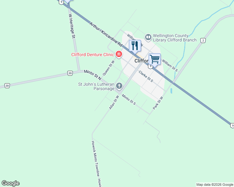 map of restaurants, bars, coffee shops, grocery stores, and more near 36 Allan Street West in Minto