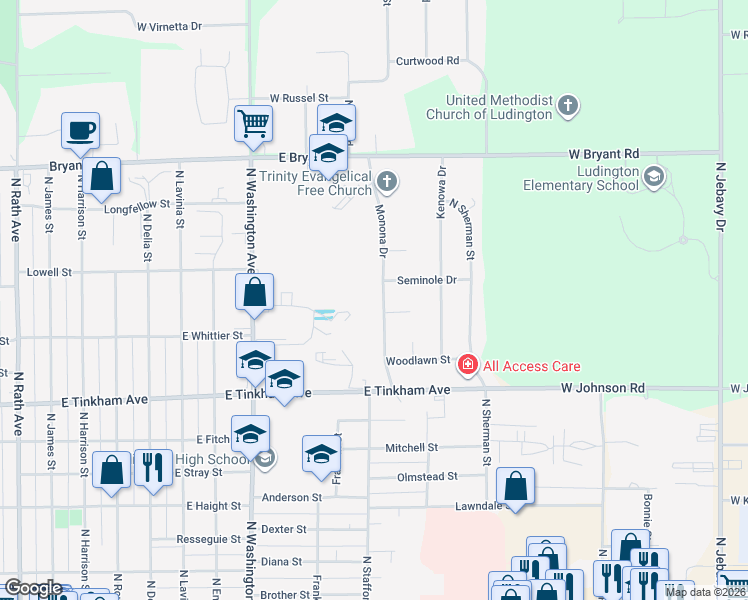 map of restaurants, bars, coffee shops, grocery stores, and more near 1021 Monona Drive in Ludington