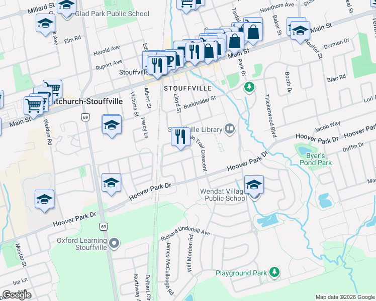 map of restaurants, bars, coffee shops, grocery stores, and more near 85 Vera Lynn Crescent in Whitchurch-Stouffville