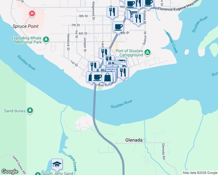 map of restaurants, bars, coffee shops, grocery stores, and more near 1308 Bay St in Florence