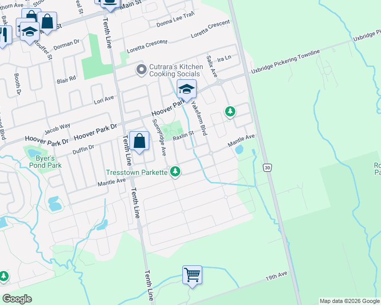 map of restaurants, bars, coffee shops, grocery stores, and more near 33 Brown Lane in Whitchurch-Stouffville
