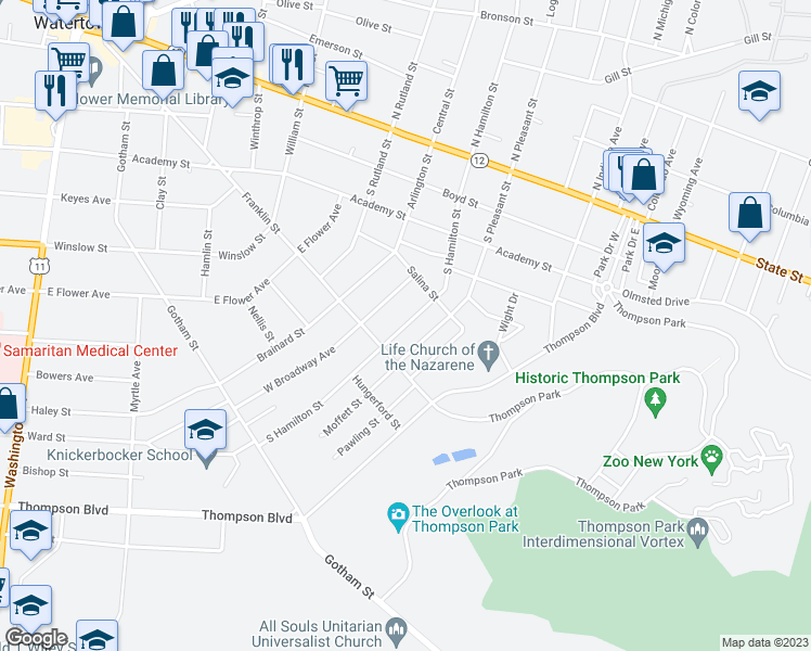 map of restaurants, bars, coffee shops, grocery stores, and more near 435 South Hamilton Street in Watertown