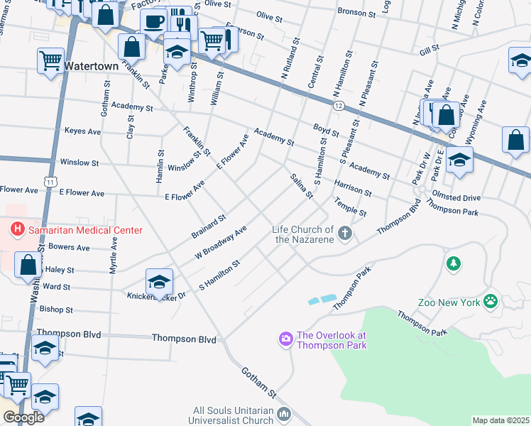 map of restaurants, bars, coffee shops, grocery stores, and more near 931 Franklin Street in Watertown