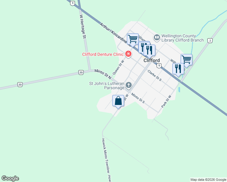map of restaurants, bars, coffee shops, grocery stores, and more near 44 Geddes Street West in Clifford