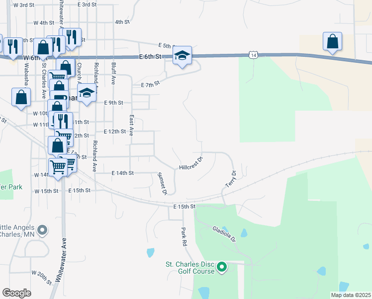 map of restaurants, bars, coffee shops, grocery stores, and more near 801 East 13th Street in Saint Charles