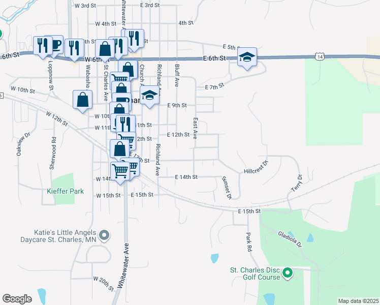 map of restaurants, bars, coffee shops, grocery stores, and more near 1260 East Avenue in Saint Charles