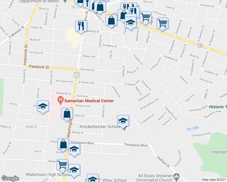 map of restaurants, bars, coffee shops, grocery stores, and more near 720 Gotham Street in Watertown