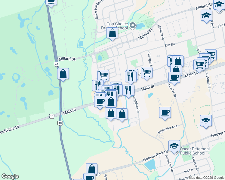 map of restaurants, bars, coffee shops, grocery stores, and more near 5456 Main Street in Whitchurch-Stouffville