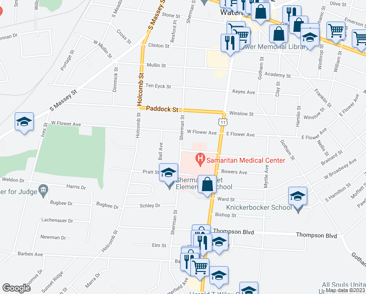 map of restaurants, bars, coffee shops, grocery stores, and more near 162 Woodruff Street in Watertown