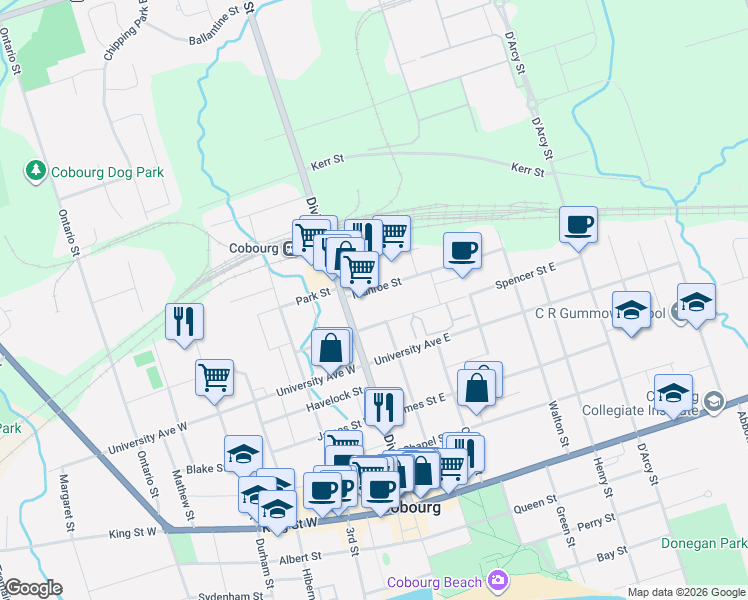 map of restaurants, bars, coffee shops, grocery stores, and more near in Cobourg