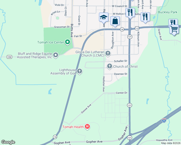 map of restaurants, bars, coffee shops, grocery stores, and more near 506 Dawnee Street in Tomah