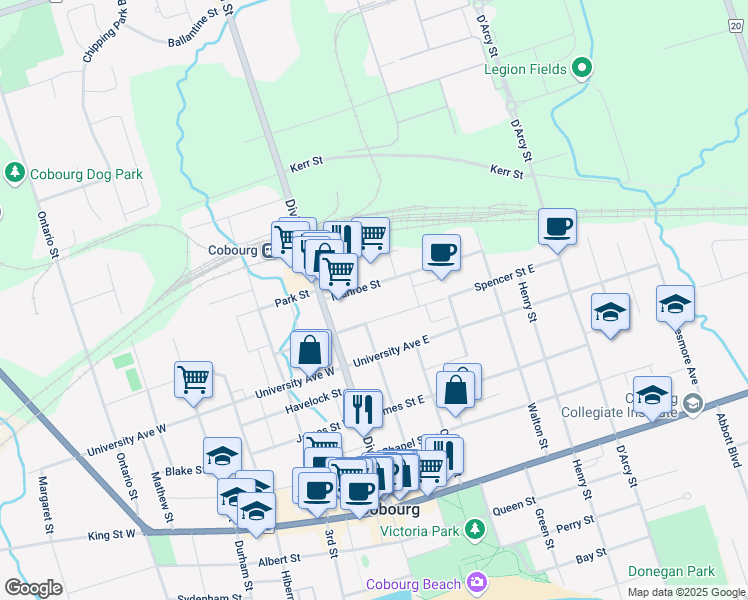map of restaurants, bars, coffee shops, grocery stores, and more near 47 Munroe Street in Cobourg