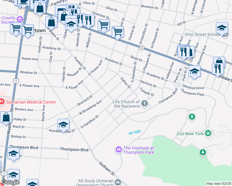 map of restaurants, bars, coffee shops, grocery stores, and more near 437 East Broadway Avenue in Watertown