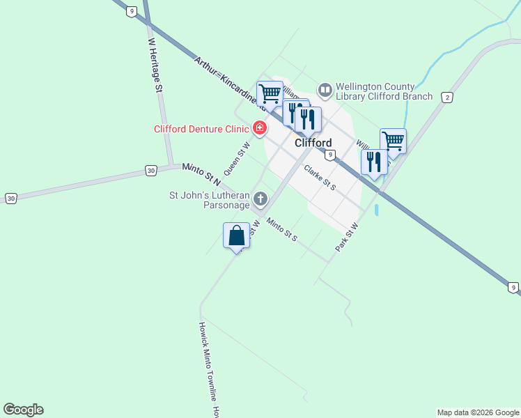 map of restaurants, bars, coffee shops, grocery stores, and more near 36 Allan Street West in Clifford
