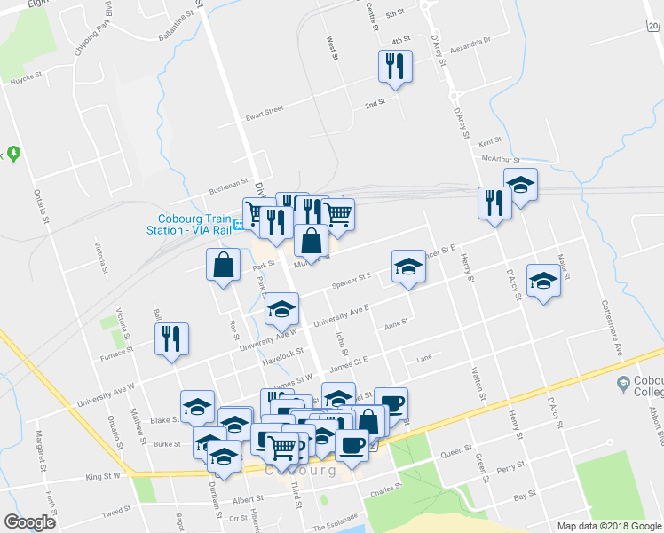map of restaurants, bars, coffee shops, grocery stores, and more near in Cobourg