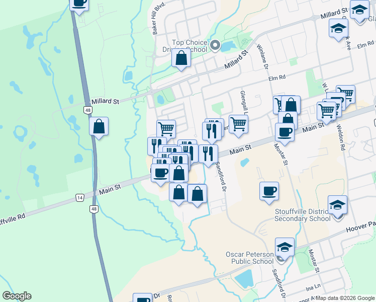 map of restaurants, bars, coffee shops, grocery stores, and more near 24 Canton Lane in Whitchurch-Stouffville