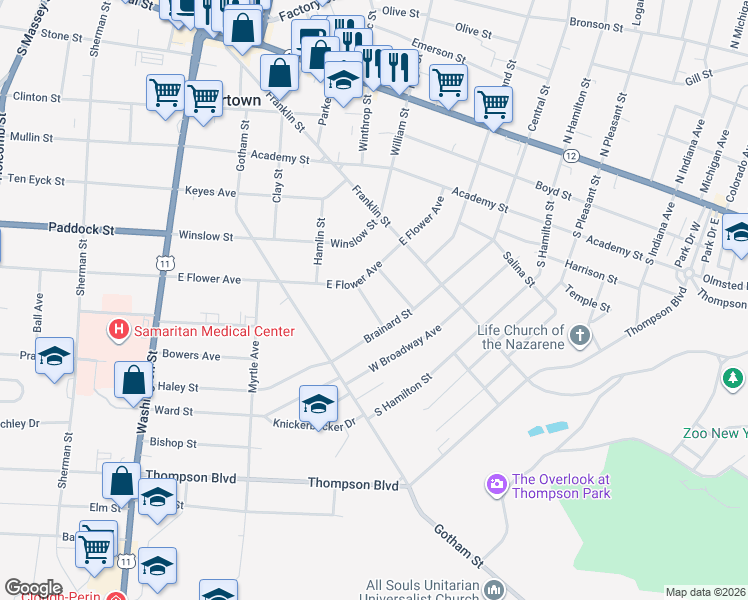 map of restaurants, bars, coffee shops, grocery stores, and more near 721 Nellis Street in Watertown