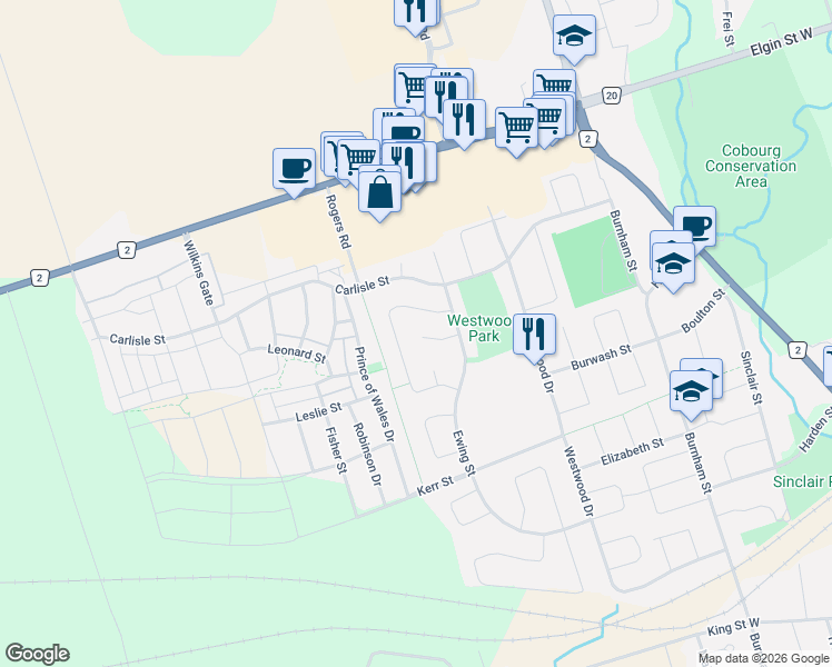 map of restaurants, bars, coffee shops, grocery stores, and more near 714 Gummow Court in Cobourg