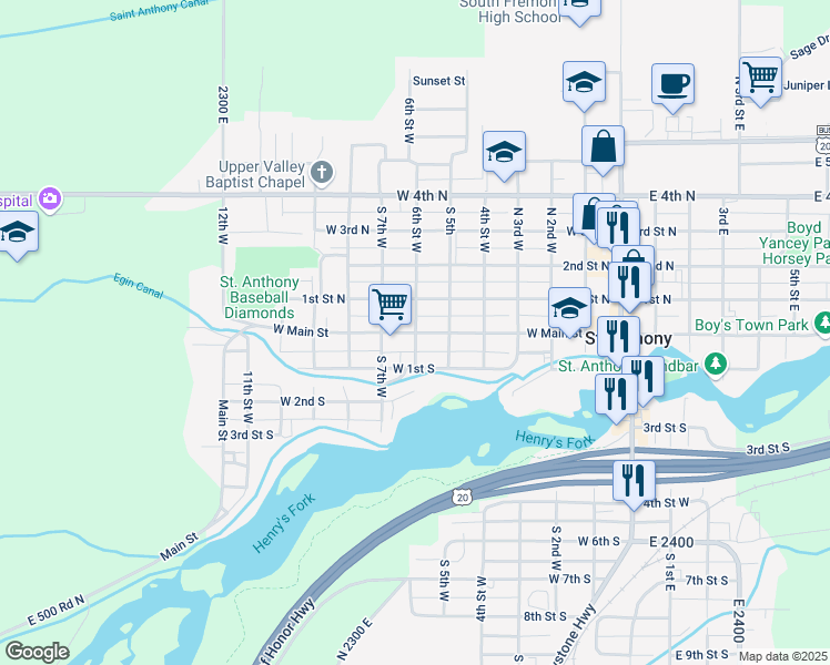 map of restaurants, bars, coffee shops, grocery stores, and more near 601 West Main Street in Saint Anthony