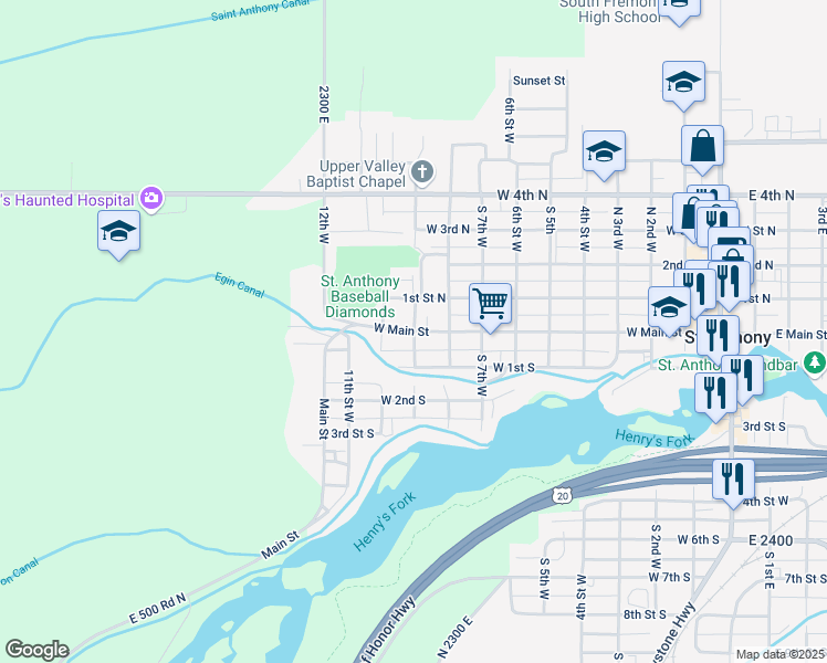 map of restaurants, bars, coffee shops, grocery stores, and more near 901 West Main Street in Saint Anthony
