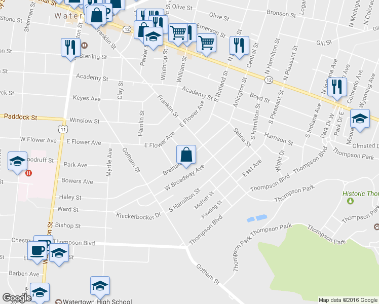 map of restaurants, bars, coffee shops, grocery stores, and more near 405 Brainard Street in Watertown