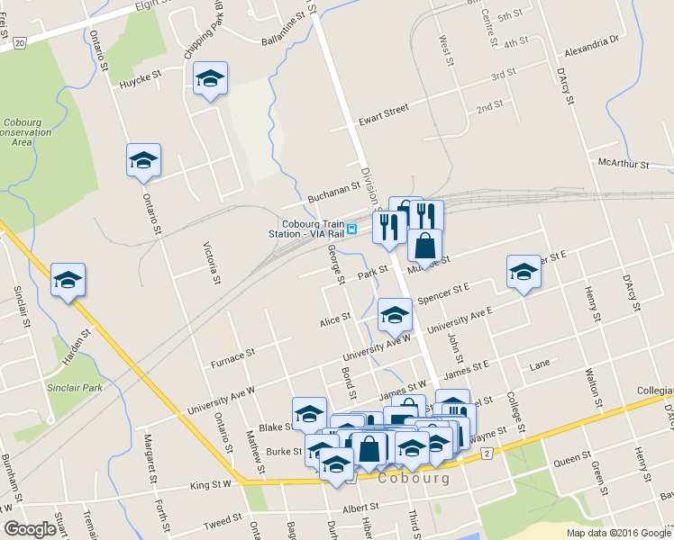 map of restaurants, bars, coffee shops, grocery stores, and more near 509 George Street in Cobourg