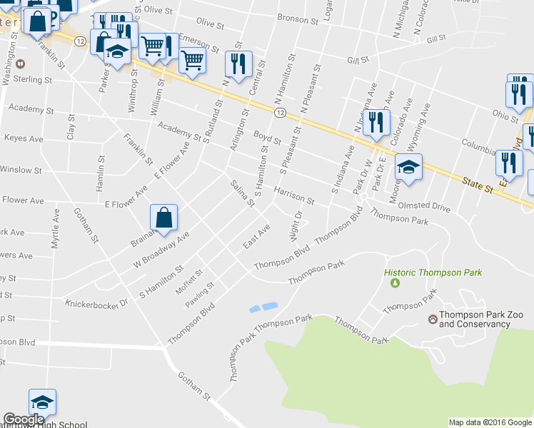 map of restaurants, bars, coffee shops, grocery stores, and more near 1103 Salina Street in Watertown