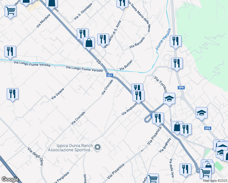 map of restaurants, bars, coffee shops, grocery stores, and more near 14 Via Don Giovanni Minzoni in Pietrasanta